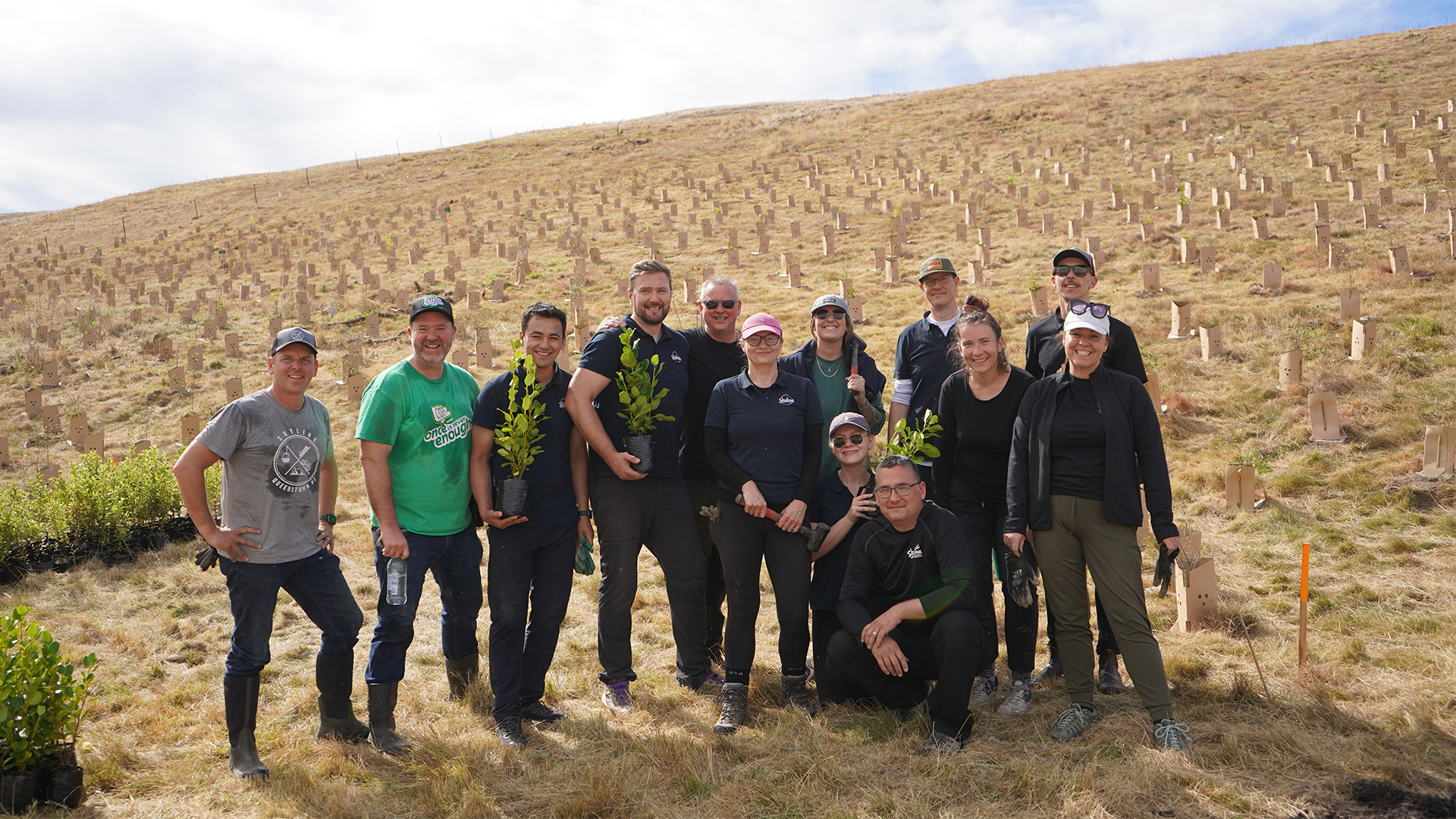 Skyline team members standing together holding native plants during a large-scale reforestation and tree-planting initiative on a hillside